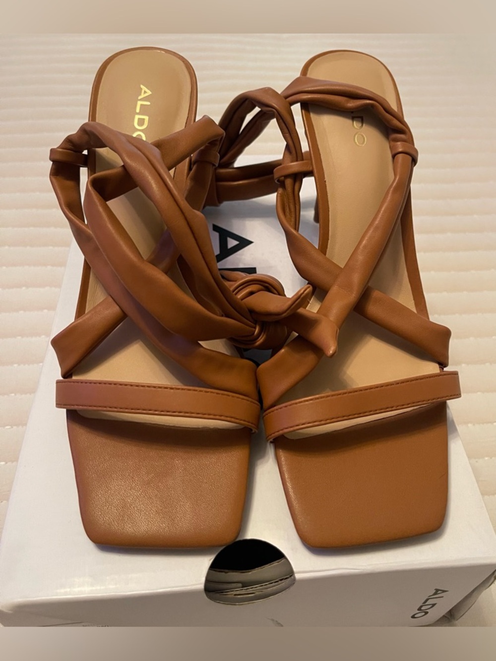 ALDO Cognac Braided Strap Square-Toe Slide Sandals
